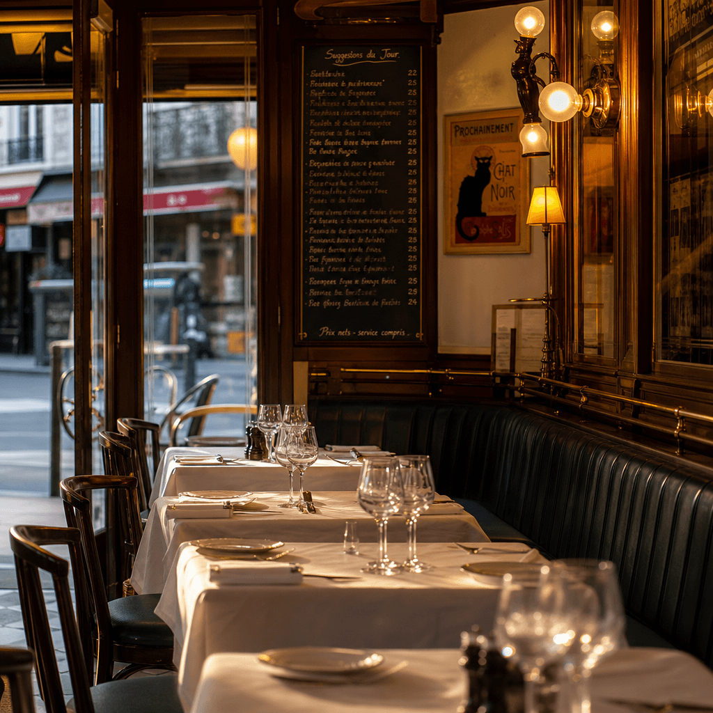 Salle élégante de la brasserie Le François 1er, tables en bois et verres à vin
