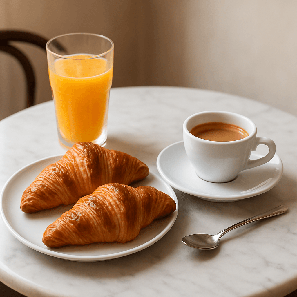 Petit-déjeuner français avec croissants et café